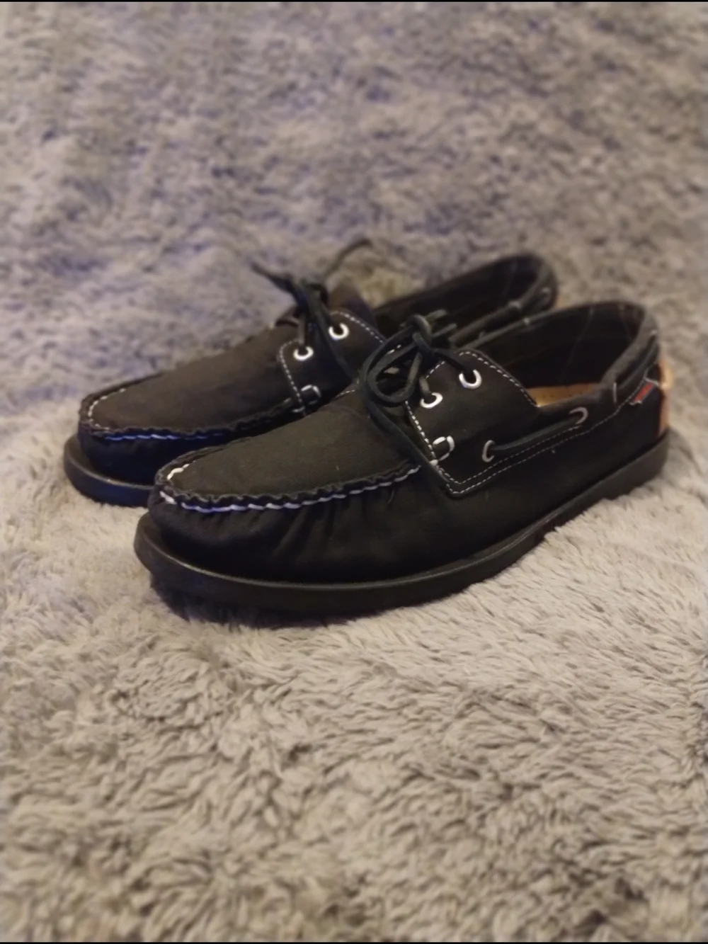 Sebago Black Boat Shoes with Tan Heel Patch